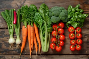 Fresh organic vegetables on rustic wooden background