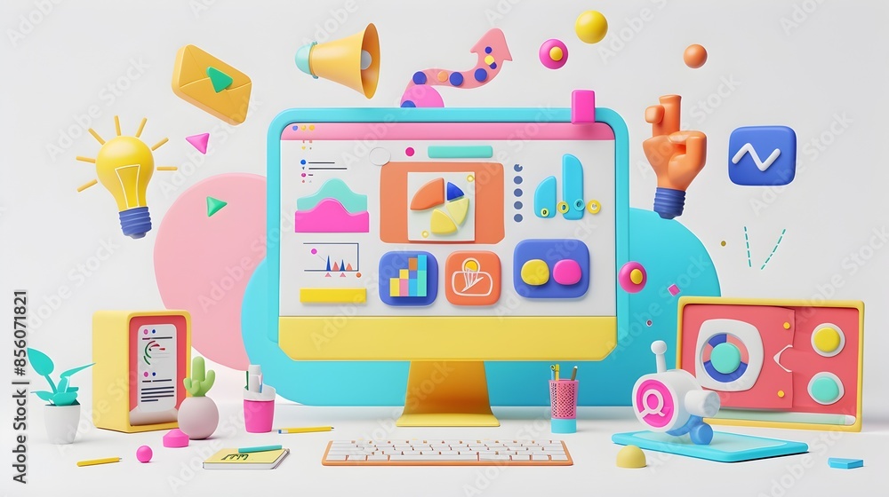 Aufkleber 3d rendered computer dashboard with floating digital marketing icons