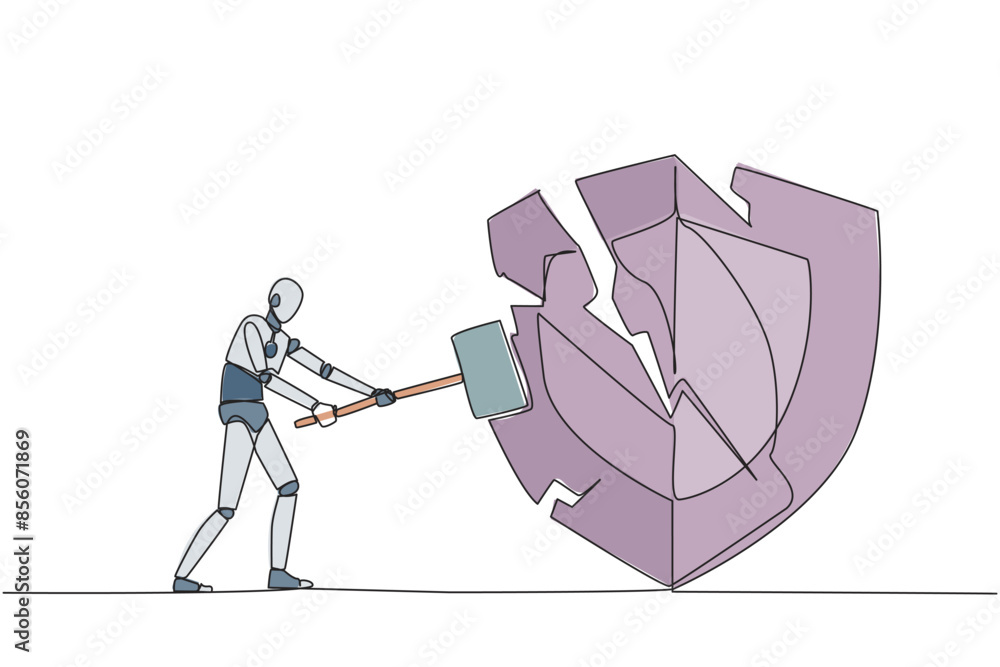 Poster single one line drawing smart robot preparing to hit big shield. rampage. system is undermined by bu