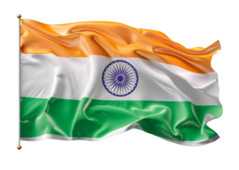 Waving Indian flag featuring orange, white, and green stripes with the Ashoka Chakra, against a transparent background.