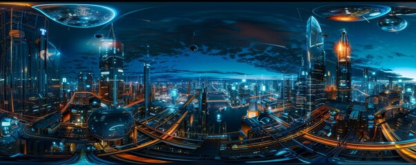 Epic 360degree Cyberpunk panorama with futuristic Night City skyline and Tronlike ambiance in HDRI format.