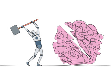 Continuous one line drawing smart robotic preparing to hit big mess circle. Eliminate stress and anxiety. Focus on developing business. Achieve big profits. Single line draw design vector illustration