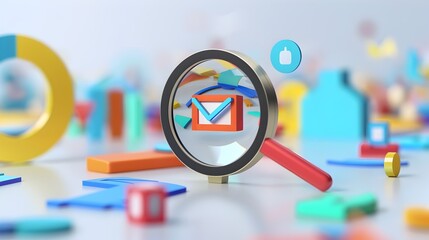 Magnifying Glass Highlighting SEO Keywords on Search Bar with Related Icons