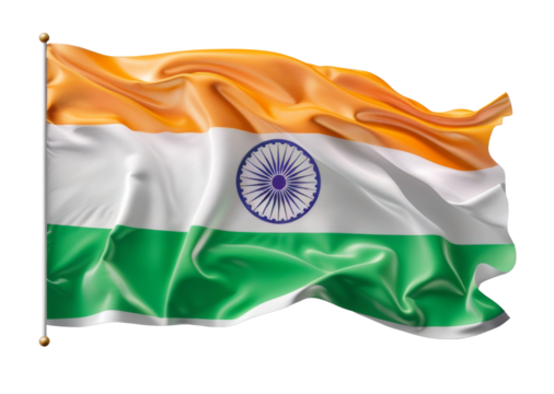 Waving Indian flag featuring orange, white, and green stripes with the Ashoka Chakra, against a transparent background.