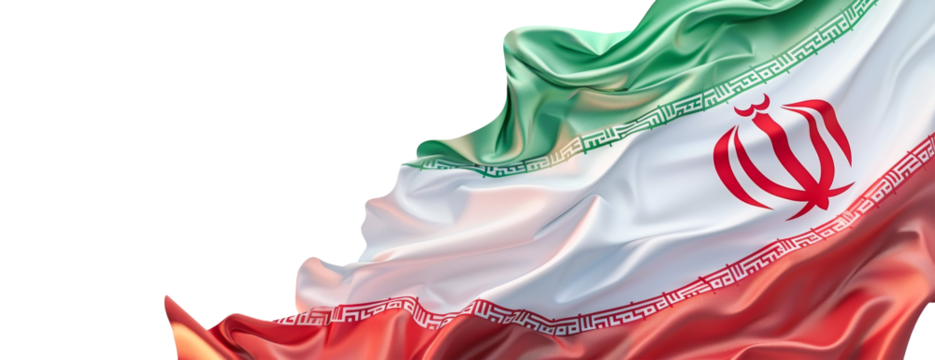 Waving Iranian flag featuring green, white, and red stripes with emblem, against a transparent background.