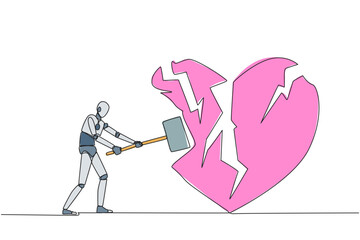 Continuous one line drawing smart robot preparing to hit big heart. Broken heart. Loss of concentration. Emotional feeling. No direction. Angry. Madness. Single line draw design vector illustration