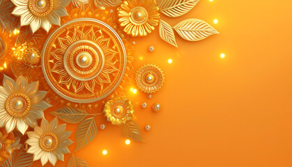 Gold And Silver Floral Design On Orange Background. Festival Greeting card and banner