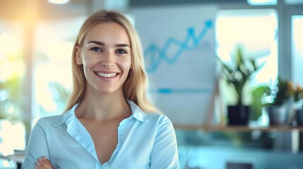 Obraz premium Confident Businesswoman in Front of Rising Graph Symbolizing Business Success
