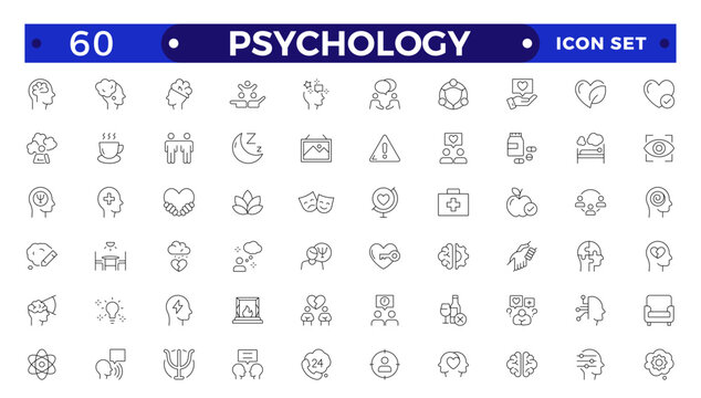 Psychology and mental line icons collection. Big UI icon set in a flat design.Set of positive thinking icon. It contains self-care, optimism, love, a healthy lifestyle, and happiness Outline icon set.