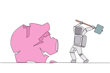 Single one line drawing young astronaut preparing to hit the big piggy bank. Running out of capital. Unprofitable business. Trying new luck. Rise again. Continuous line design graphic illustration