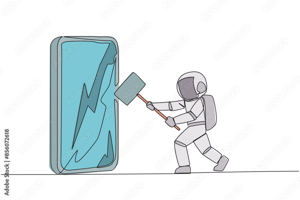 Poster continuous one line drawing young astronaut preparing to hit the big smartphone. technology can dest