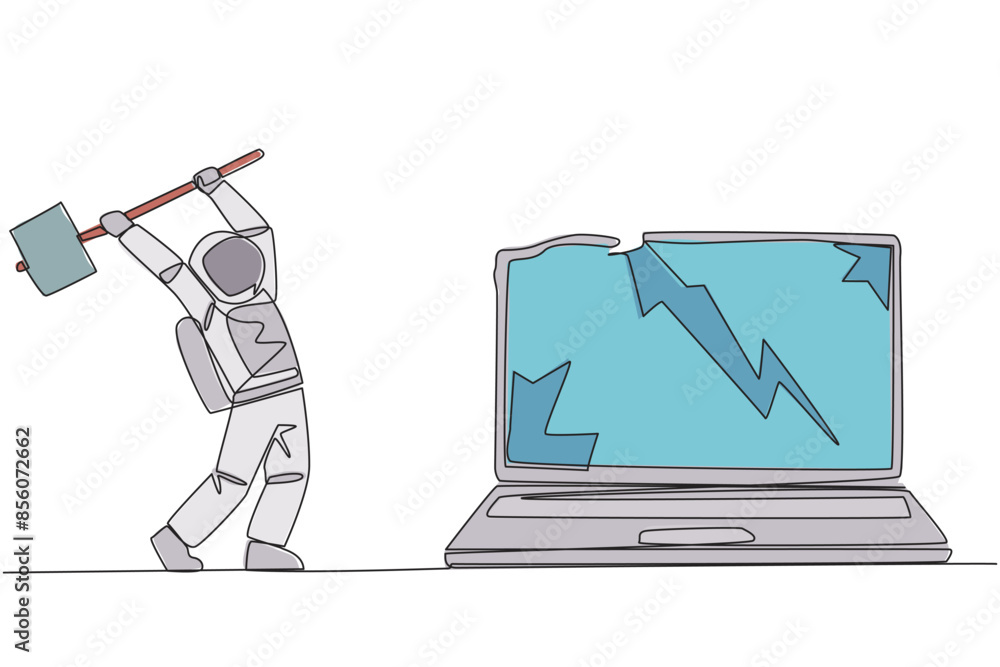 Poster single continuous line drawing young astronaut preparing to hit laptop. rampage. destroying technolo