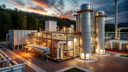 A modern, white, high-tech hydrogen production plant with illumination at dawn