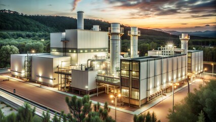 A modern, white, high-tech hydrogen production plant with illumination at dawn