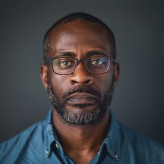 Fototapeta premium A portrait of an African American man with short hair and beard, wearing glasses, looking directly at the camera against a dark grey background.