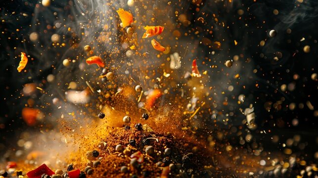 Dramatic freezeframe of vibrant spice explosion on black backdrop.