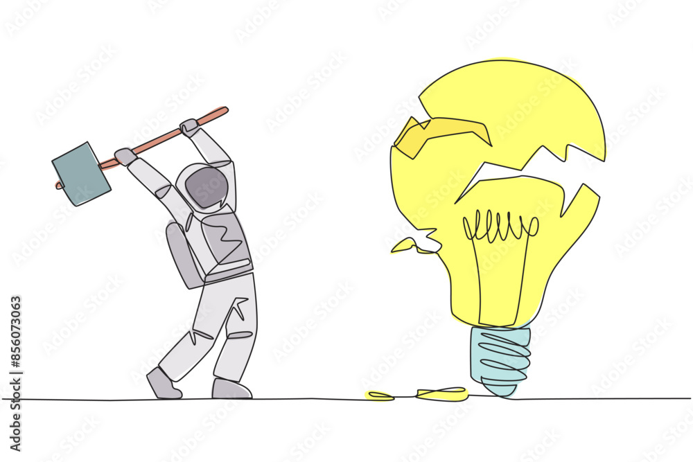 Poster continuous one line drawing young astronaut preparing to hit a big lightbulb. the thrashing anger. f