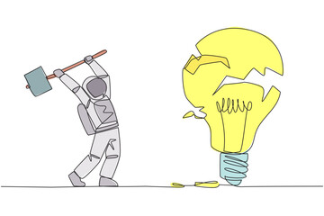 Continuous one line drawing young astronaut preparing to hit a big lightbulb. The thrashing anger. Failed to secure a brilliant business idea. Destruction. Single line draw design vector illustration