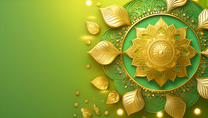 Golden Leaves and Ornate Mandala Design on Green Background. Festival Greeting card and banner