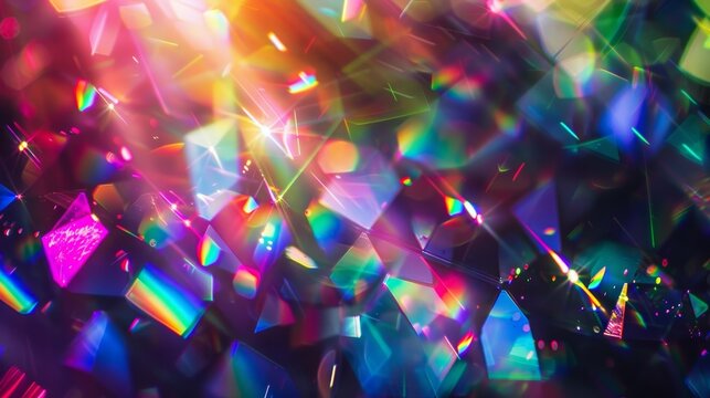 Defocused, vibrant rainbow crystal light leaks dance on a black canvas, creating an abstract retro film illusion with bokeh, lens flares, and vintage prism hues.