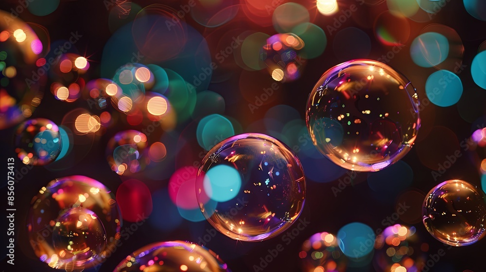 Sticker Soap Bubble Symphony: Multiple soap bubbles in various sizes floating against a dark background, illuminated by colorful lights.