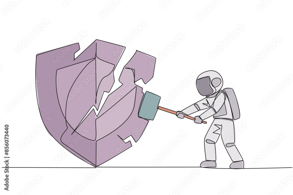 Poster continuous one line drawing astronaut preparing to hit shield. rampage. system is undermined by busi