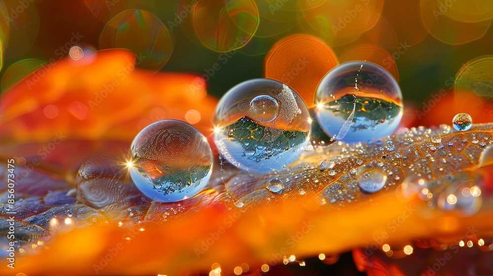 Canvas Prints Soap Bubbles in Water Droplets: Soap bubbles captured within water droplets on a leaf or flower petal, highlighting