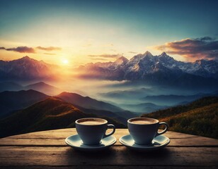 Cups of coffee in mountains, beautiful view, AI Generated.