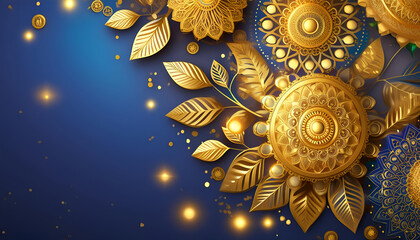 Golden Ornamental Leaves and Mandala Designs on a Blue Background. Festival Greeting card and banner