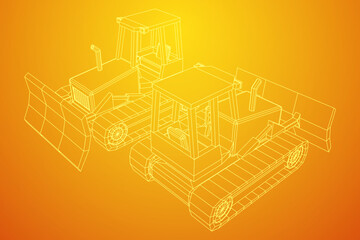 Big front-end loader bulldozer. Heavy equipment machine and manufacturing equipment for mining. Wireframe low poly mesh vector illustration.