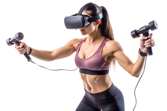 Young woman engages in a virtual reality 
fitness activity using a VR headset and 
controllers in a digital studio setting 
isolated on white background