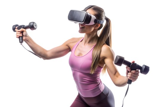 Young woman engages in a virtual reality 
fitness activity using a VR headset and 
controllers in a digital studio setting 
isolated on white background