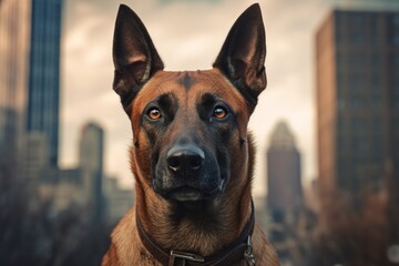 Obraz premium Portrait of a funny belgian malinois dog in front of modern cityscape background