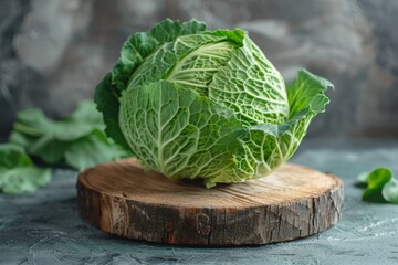 Fresh Savoy Cabbage on Wooden Board
