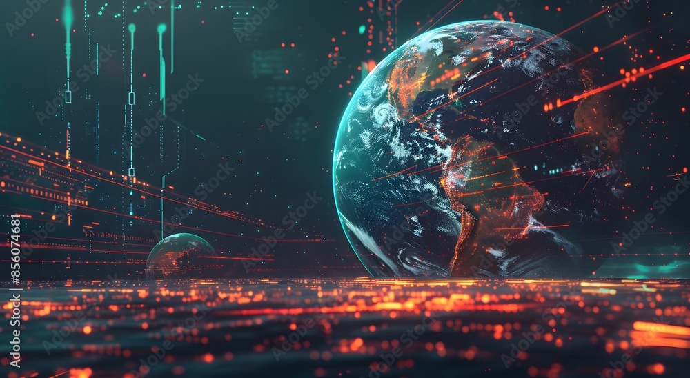 Aufkleber abstract digital earth with glowing lines and dots, the concept of mobile global internet communicat