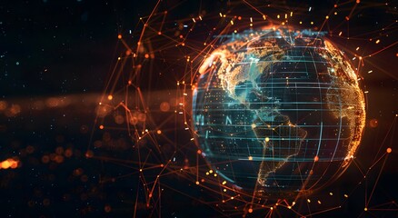 Fototapeta premium Abstract Digital Earth with Glowing Lines and Dots, The concept of Mobile global internet communications, World wide web on phone via wireless satellite network technology, Holographic Data Display