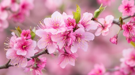 Fototapeta premium Captivating wallpaper featuring a vibrant closeup of cherry blossom branches adorned with delicate pink flowers.