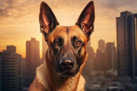 Portrait of a funny belgian malinois dog over modern cityscape background