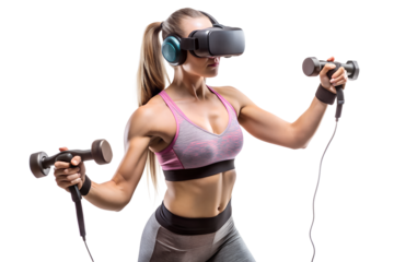 Young woman engages in a virtual reality 
fitness activity using a VR headset and 
controllers in a digital studio setting 
isolated on white background