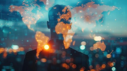 Cross-border e-commerce close up, focus on, copy space Bright and reliable colors Double exposure silhouette with world map