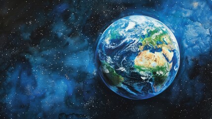 Obraz premium A painting of the Earth with a blue sky and stars in the background. The painting is of a very large planet with a blue and green color scheme