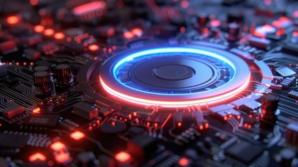Obraz premium Futuristic computer chip with central glowing lights. generative AI image