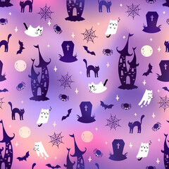 Halloween ghost castle seamless pattern. Vector cartoon ghost, gloomy dark castle, black cat, bat, full moon, tomb and spiderweb on pink gradient background. Cute Halloween print for wrapping, decor. © Ketmut