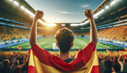 A passionate Spanish soccer fan with a flag draped over his shoulders cheering in a packed stadium...