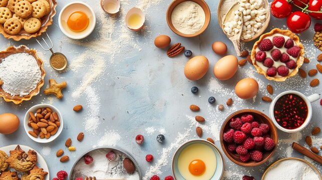 Baking essentials flat lay: utensils, ingredients (flour, sugar, eggs, berries) for tarts, cookies, dough, and pastry; culinary classes or cooking blog mockup.