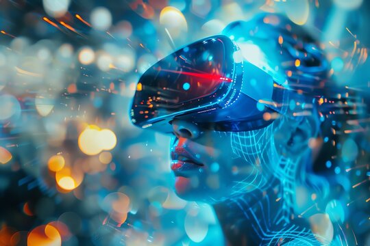 A futuristic representation of a person using virtual reality technology with vibrant lighting and digital effects in the background.