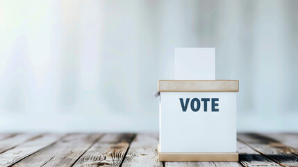 A voting ballot box on a wooden surface with a blurred background, symbolizing democracy, elections, and civic duty responsibility.