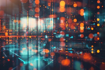 Obraz premium Abstract digital technology background with vibrant light dots and futuristic cityscape. Perfect for tech, innovation, and modern themes.