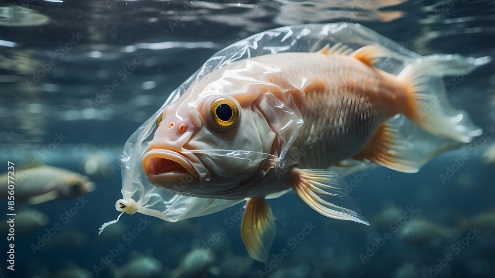 Wall mural Plastic contamination in the ocean. A fish in the ocean wearing a plastic bag