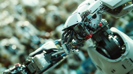 Fototapeta premium Close-up of a robotic arm with intricate details, showcasing advanced technology and precision engineering with a blurred background.
